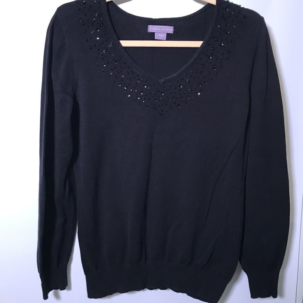 Laura Scott vintage black V neck bedazzled collar size Small Classic black Y2K